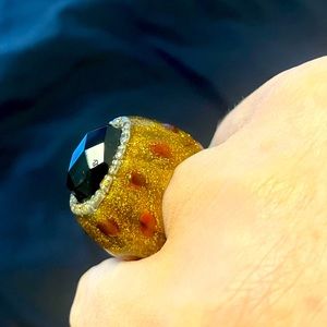 Very Unique Large Enamel Cocktail Ring With Black Stone